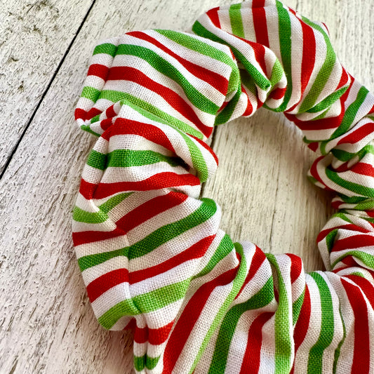 White, green and red striped scrunchie