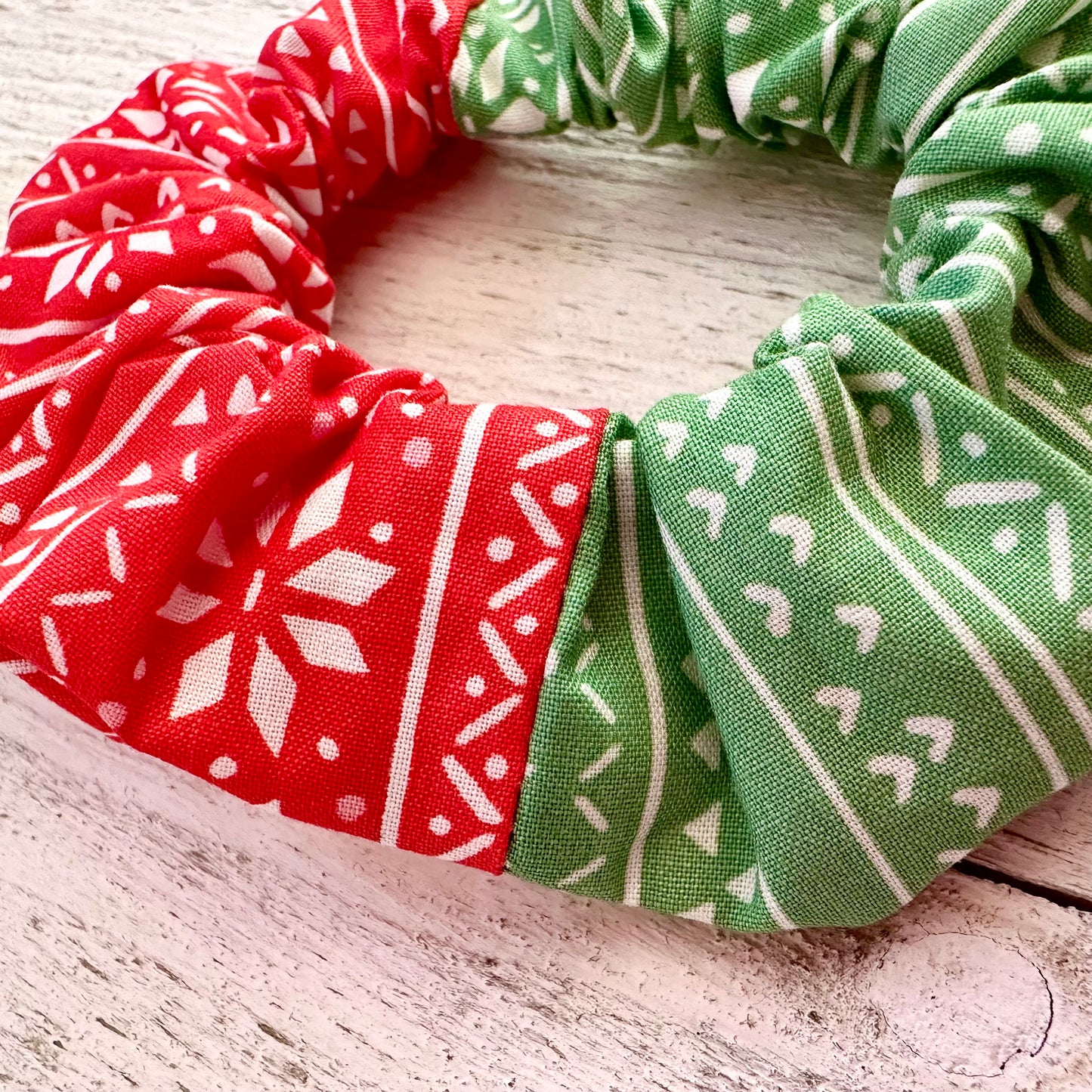 Green and red scrunchie with snowflakes