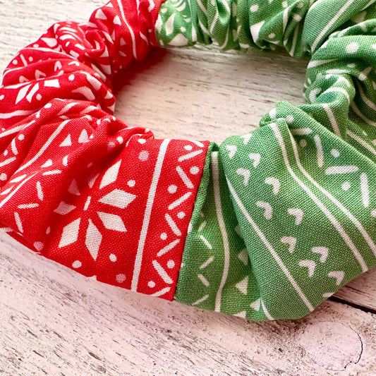 Green and red scrunchie with snowflakes
