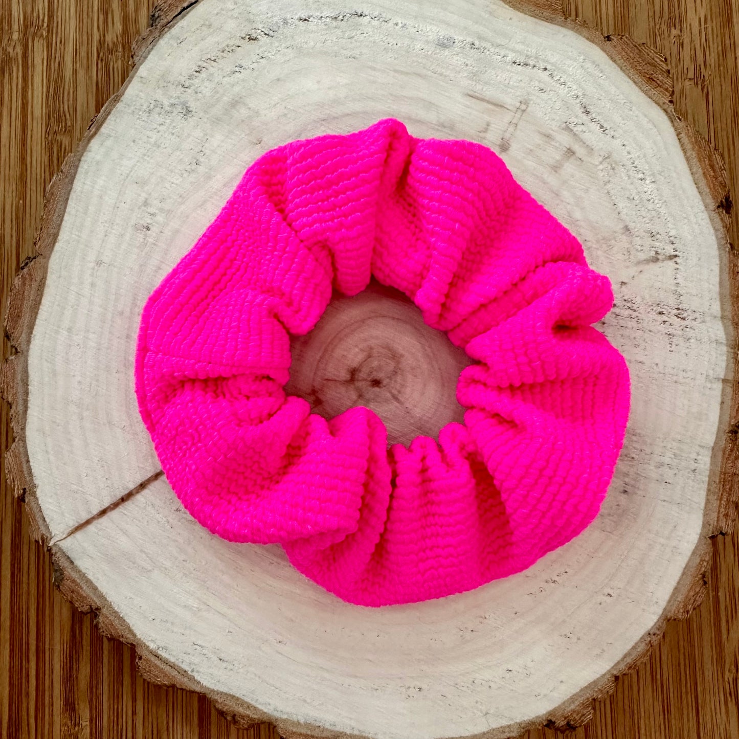 Neon pink textured swim scrunchie