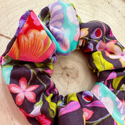 Purple scrunchie with big multicolored flowers