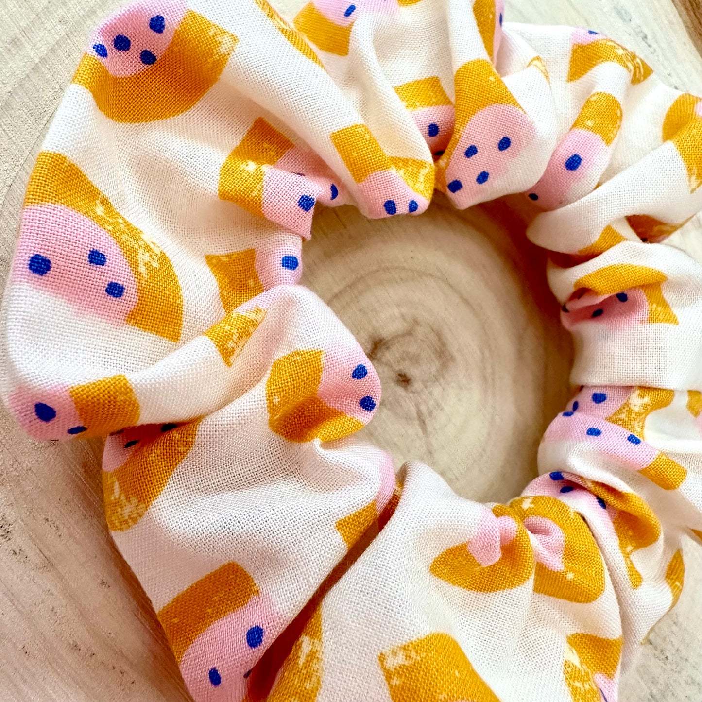 Cream scrunchie with yellow and pink watermelons