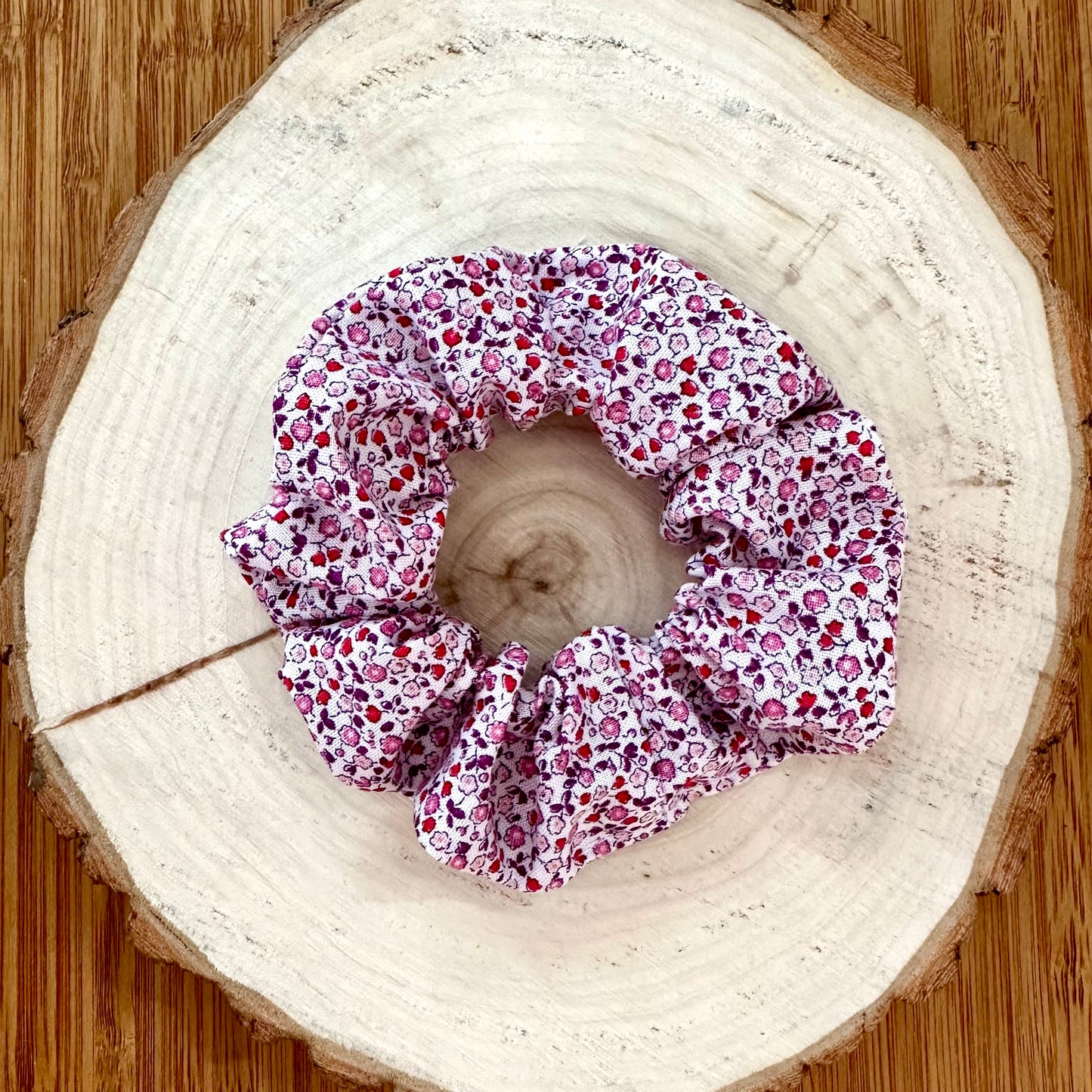 White scrunchie with little pink flowers