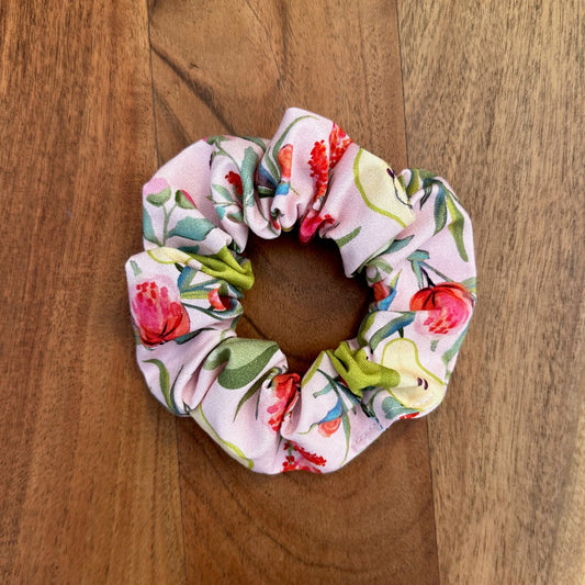 Light pink scrunchie with flowers and pears