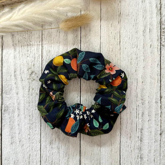 Navy scrunchie with lemons and oranges