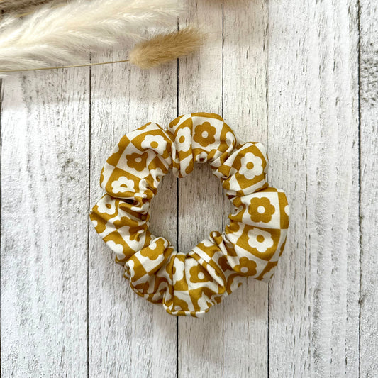 Mustard yellow and white scrunchie with flowers