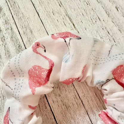 White scrunchie with pink flamingos