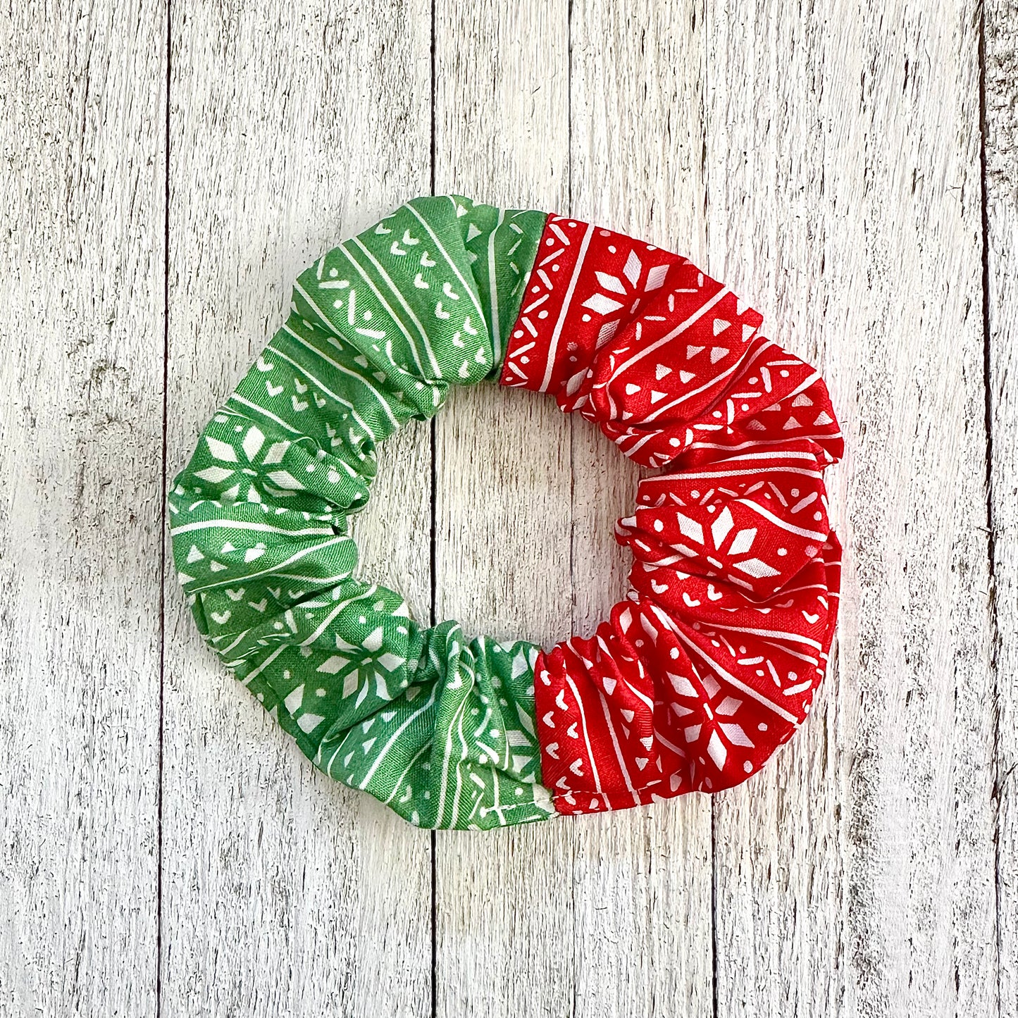 Green and red scrunchie with snowflakes