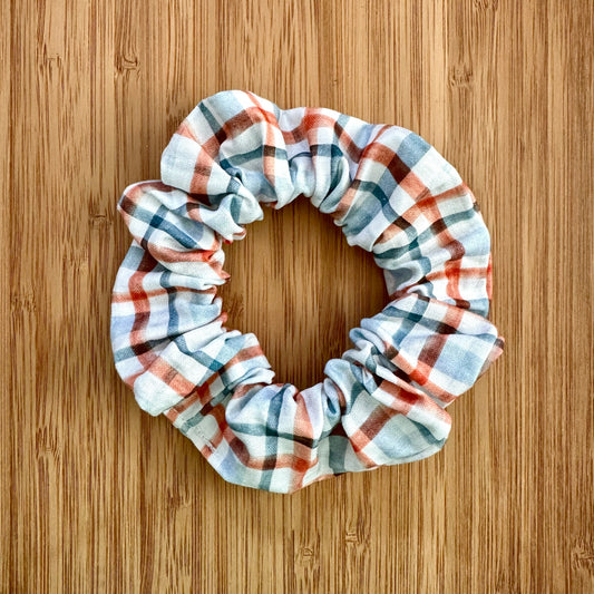 Blue, red and white plaid scrunchie