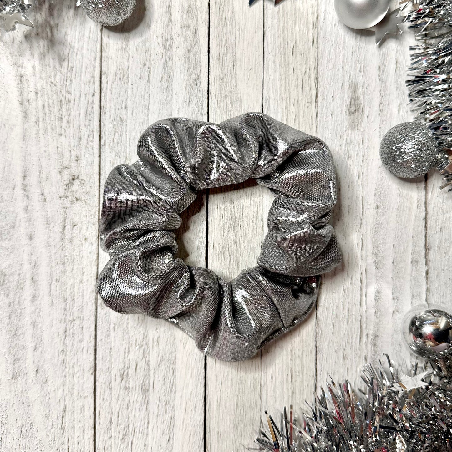 Shiny metallic silver scrunchie