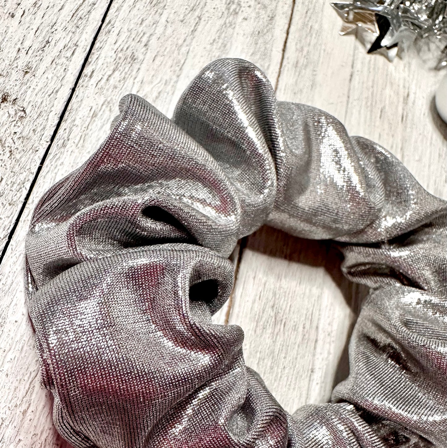 Shiny metallic silver scrunchie