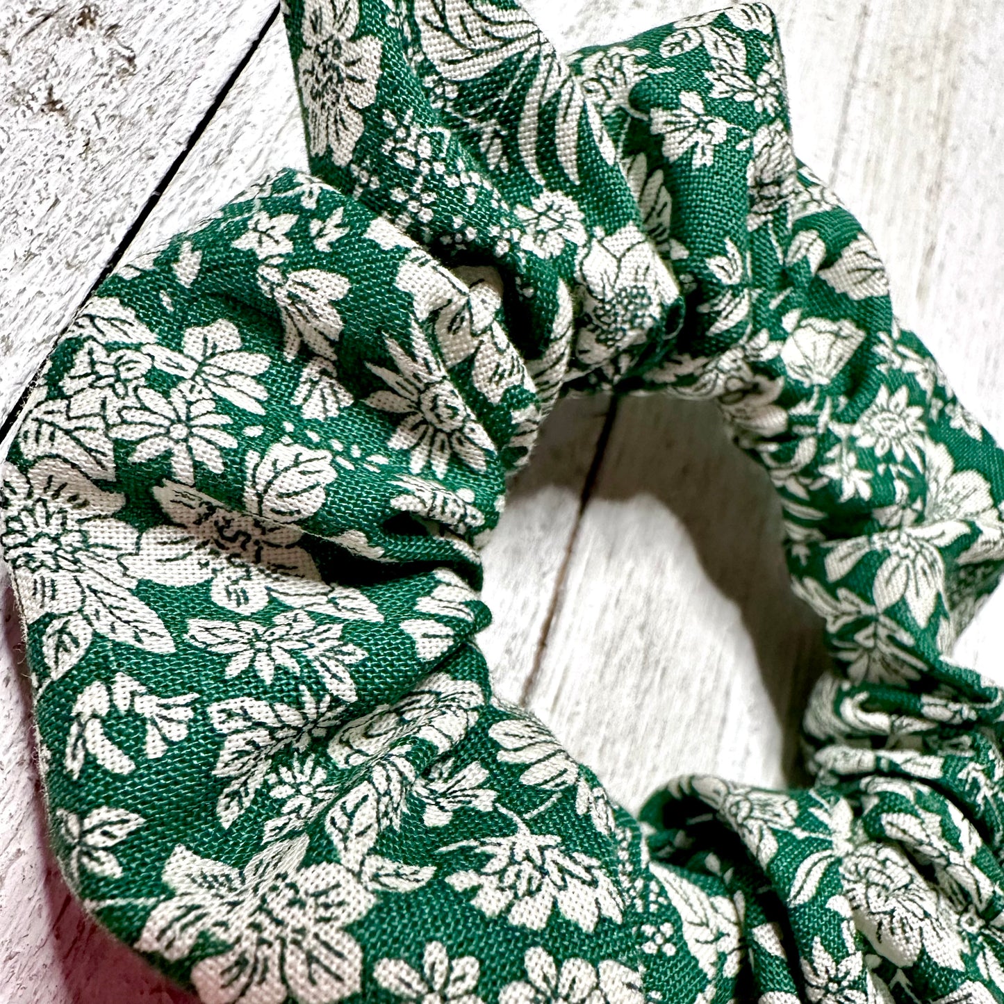 Green and white floral scrunchie