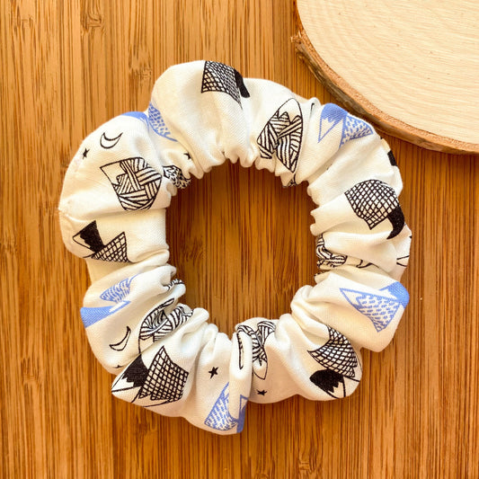 White scrunchie with mountains and moons