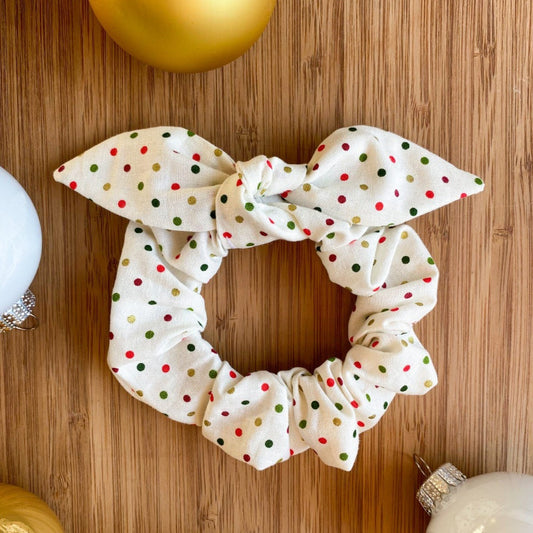 White bow scrunchie with polka dots