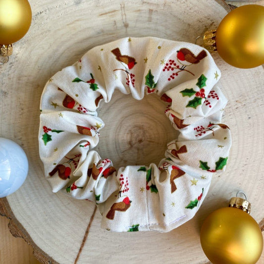 Beige-white scrunchie with birds and mistletoe leaves