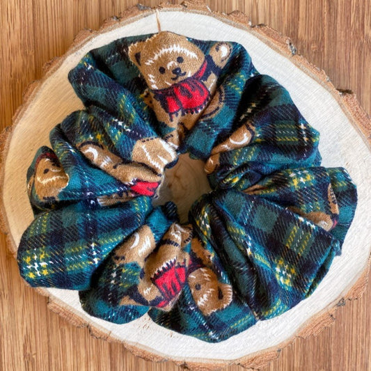 Green tartan XL scrunchie with teddy bears - ♻️